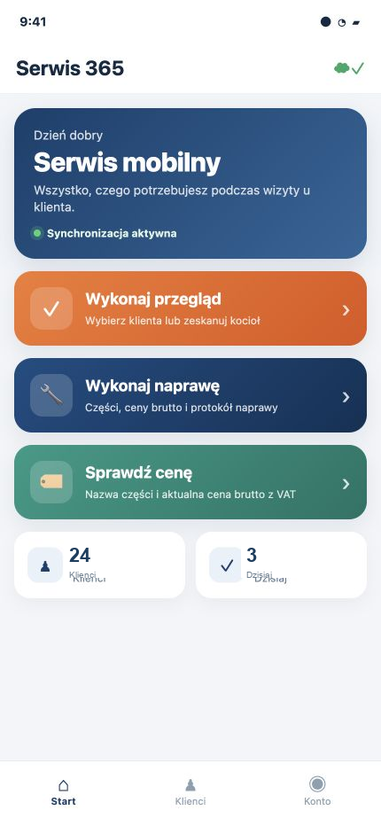 Rzeczywisty ekran startowy aplikacji Serwis 365