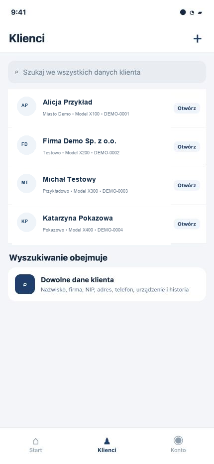 Lista i wyszukiwarka klientów w aplikacji Serwis 365