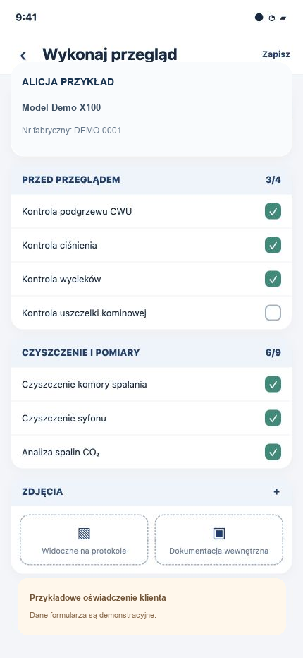 Rzeczywisty formularz przeglądu w Serwis 365