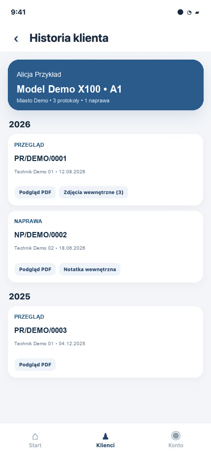 Historia przeglądów i napraw klienta