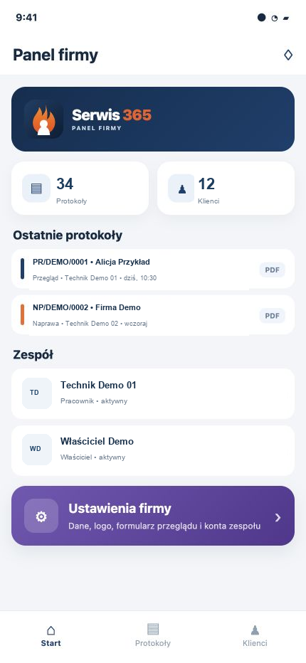 Panel firmy w aplikacji Serwis 365